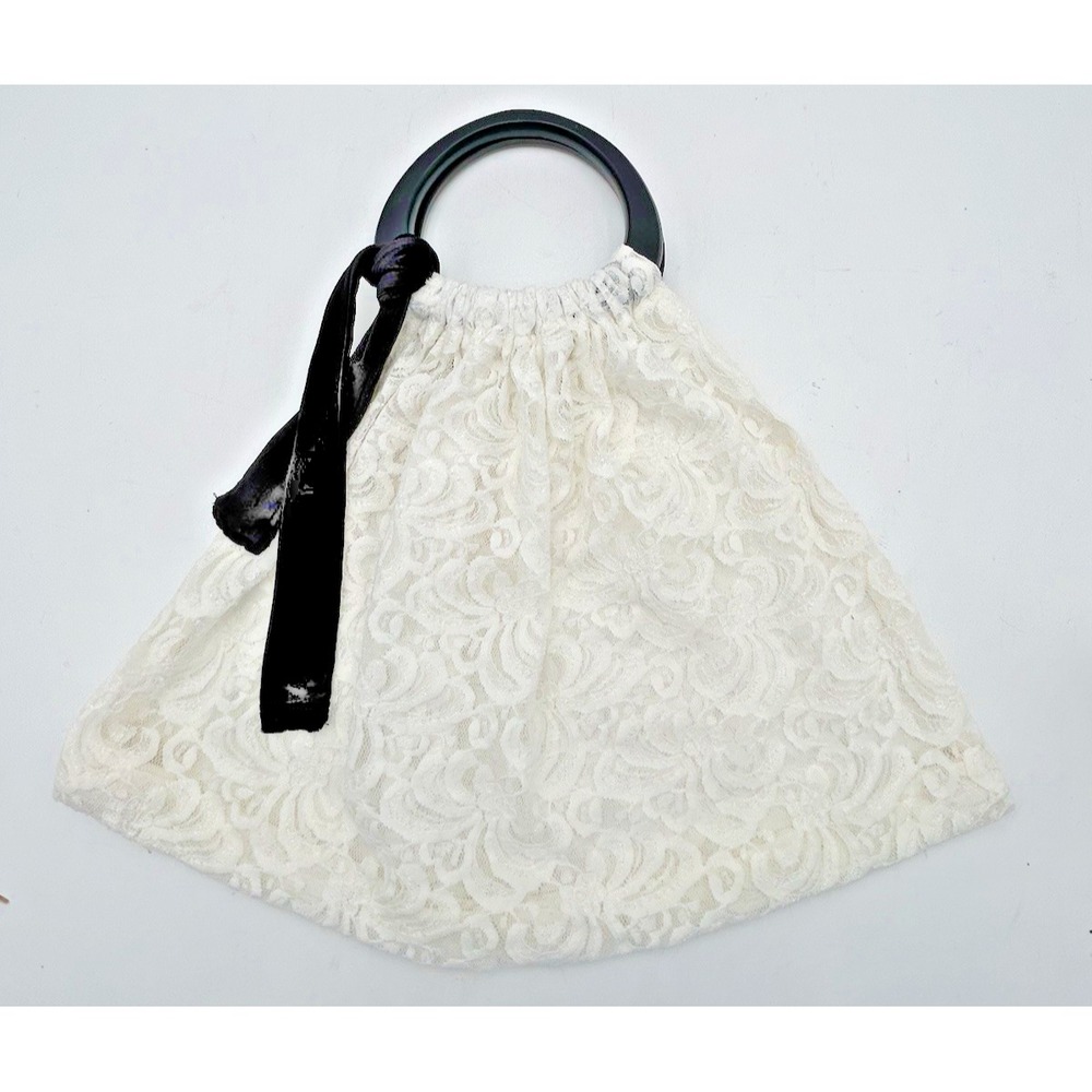 Vintage Styled Handbag White Lace With Wooden Handles Black Velvet Ribbon